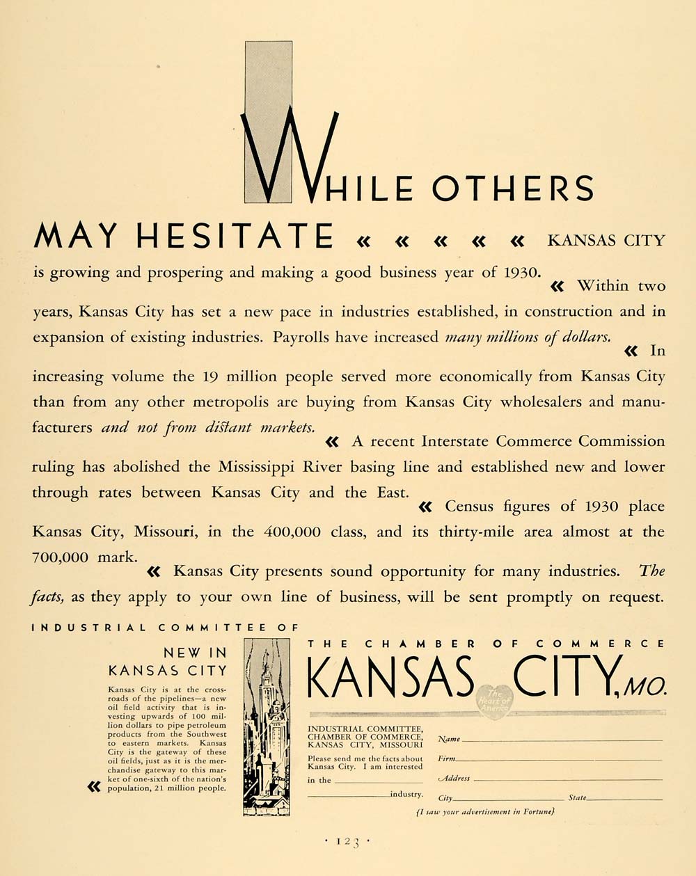 1930 Ad Kansas City Industrial Chamber Commerce Census - ORIGINAL F3A
