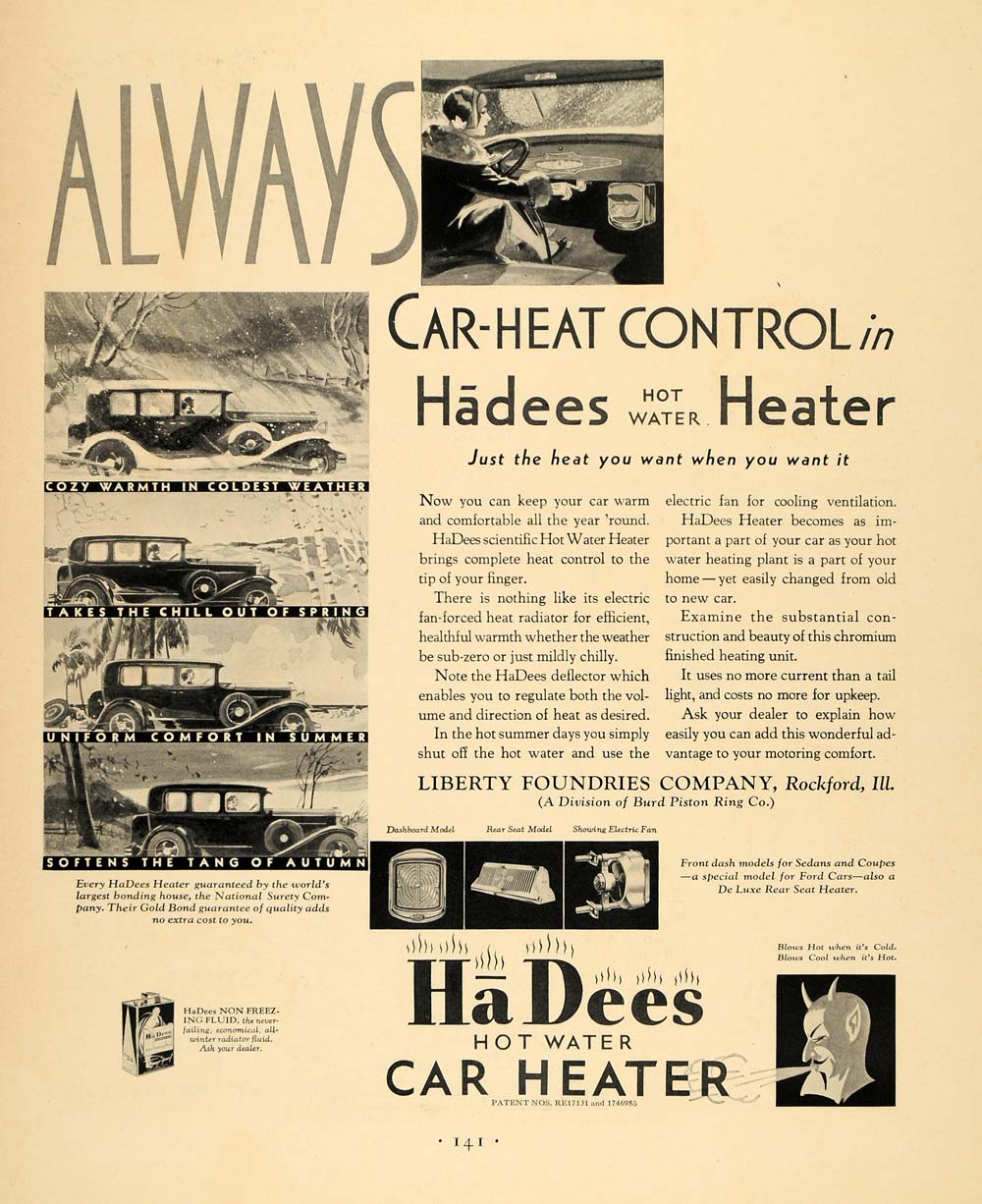 1930 Ad Ha Dees Hot Water Car Heater Air Conditioning - ORIGINAL ADVERTISING F3A