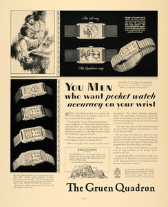 1930 Ad Gruen Quadron Pocket Wrist Watch Time Piece - ORIGINAL ADVERTISING F3A