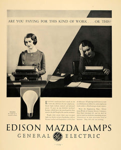 1930 Ad General Electric Edison Mazda Lamps Lighting Secretary Typing F3A