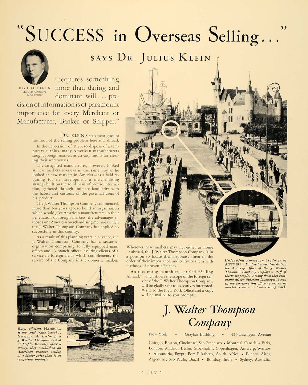 1930 Ad J. Walter Thompson Marketing Dr. Julius Klein - ORIGINAL ADVERTISING F3A