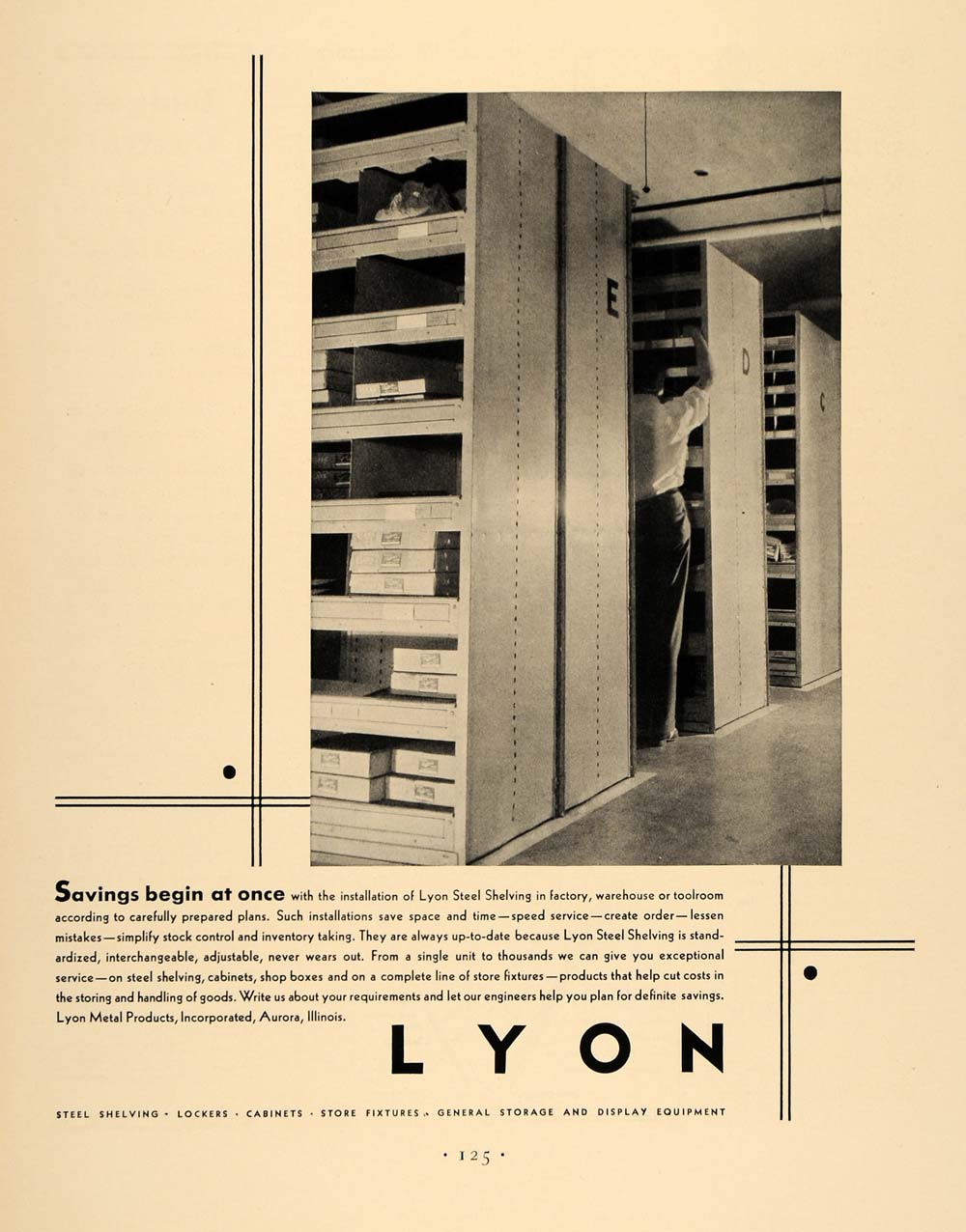 1930 Ad Lyon Metal Steel Shelving Aurora Illinois - ORIGINAL ADVERTISING F3A