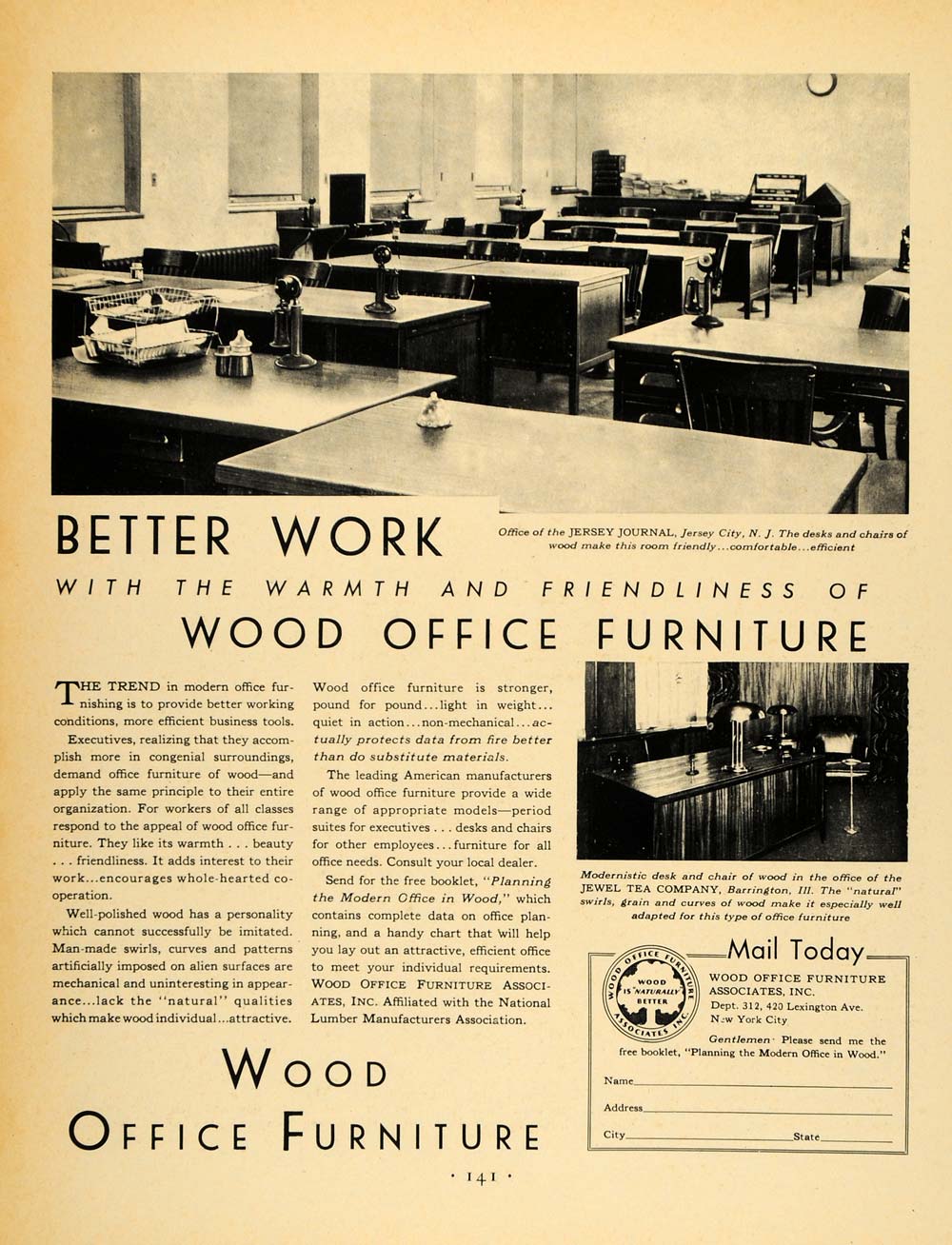 1930 Ad Wood Office Furniture Lumber Jersey Journal - ORIGINAL ADVERTISING F3A