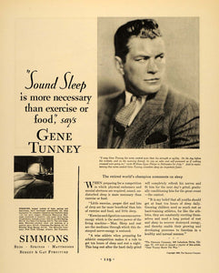 1930 Ad Gene Tunney Simmons Mattress Bedding Sleep Bed - ORIGINAL F3A