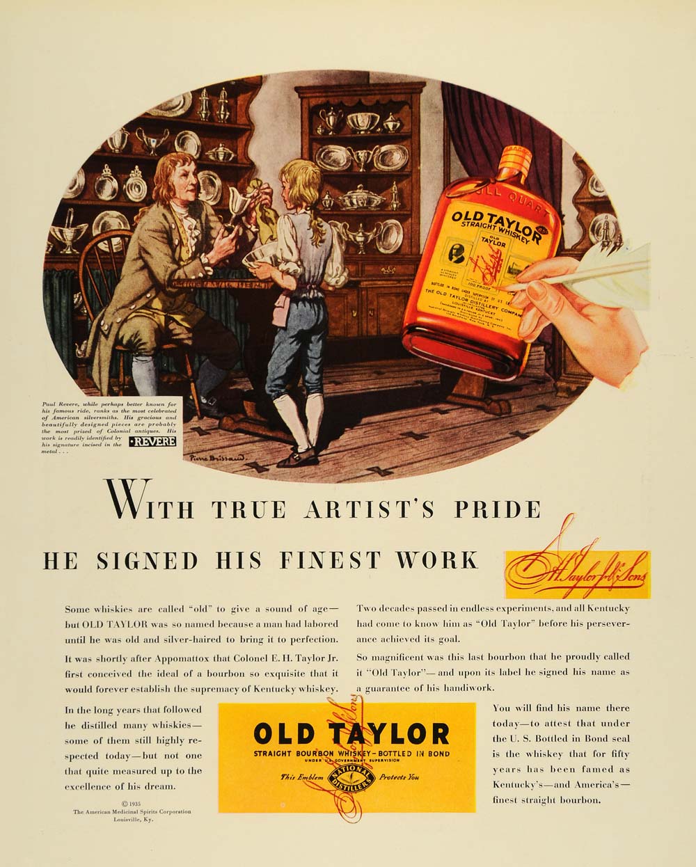 1935 Ad Old Taylor Whiskey Paul Revere Colonial Antique - ORIGINAL F3A