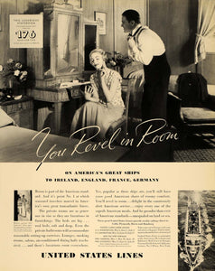 1935 Ad United States Line Cabin Room Cruise Voyage - ORIGINAL ADVERTISING F3A