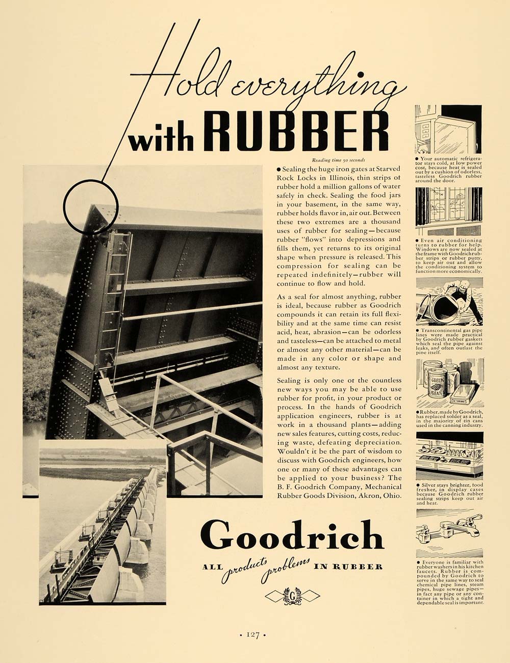 1935 Ad B. F. Goodrich Rubber Starved Rock Locks Dam - ORIGINAL ADVERTISING F3A