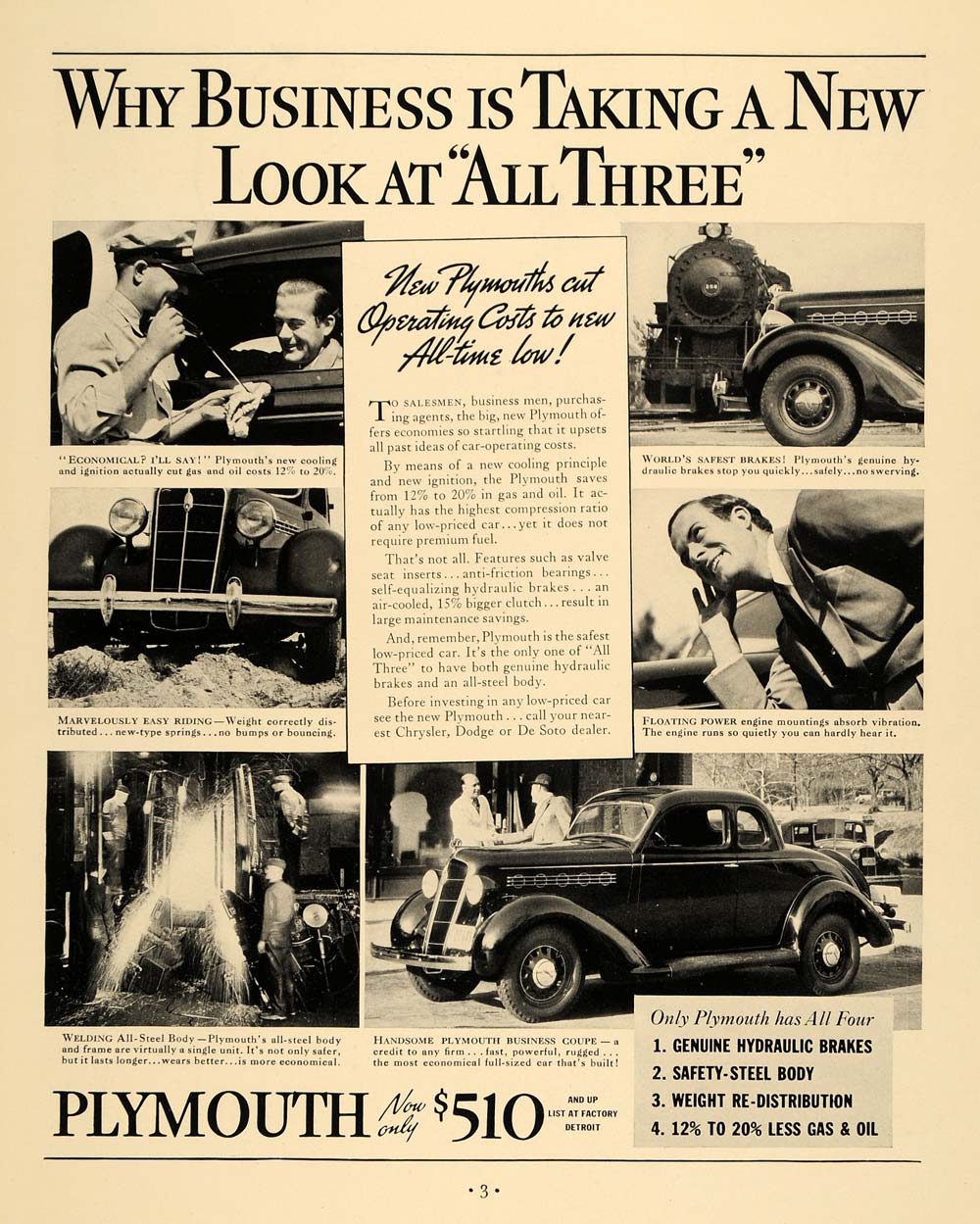 1935 Ad Plymouth Cars Business Coupe Floating Power - ORIGINAL ADVERTISING F3A