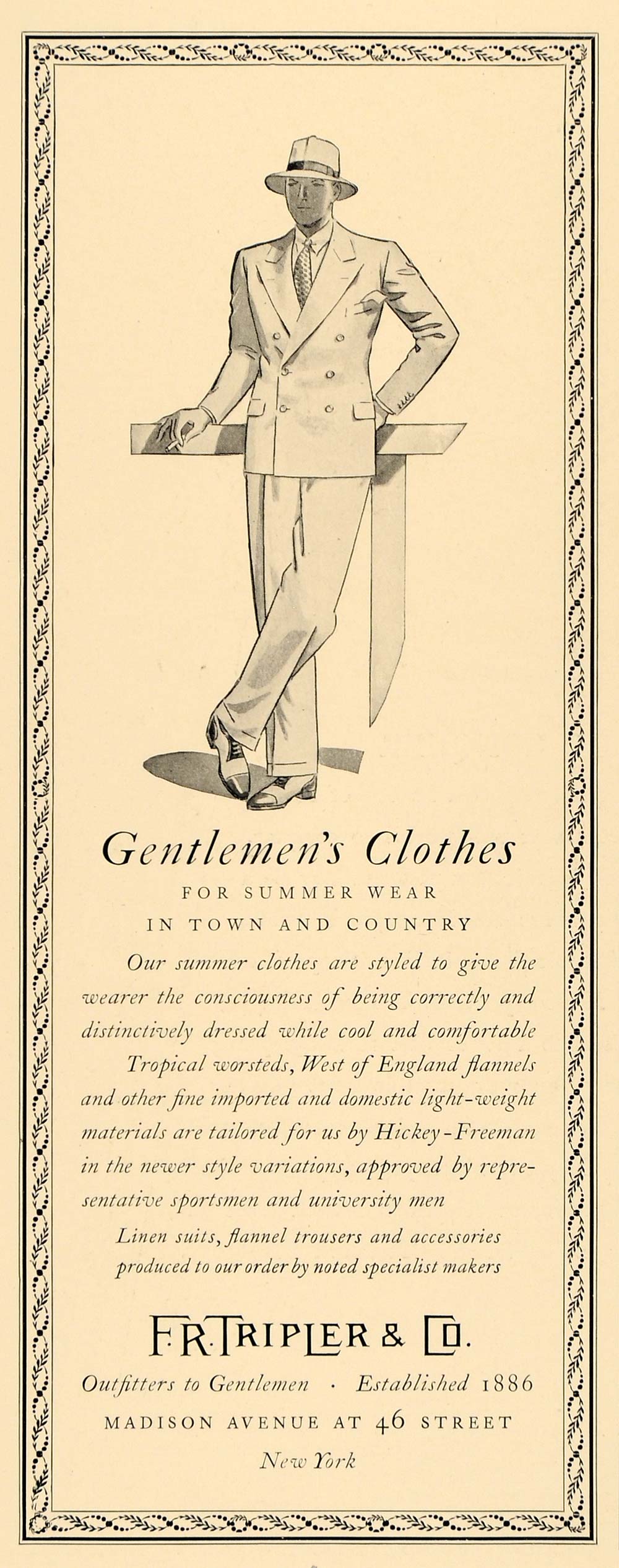 1930 Ad FR Tripler Outfitter Gentlemen Clothing clothes - ORIGINAL