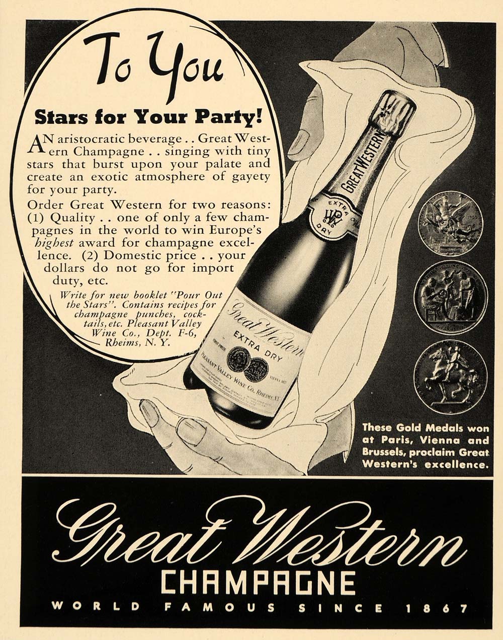 1935 Ad Pleasant Valley Wine Great Western Champagne Gold Medals Paris F3B