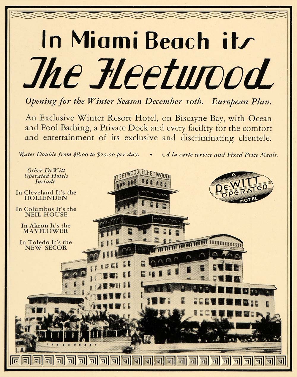 1935 Ad DeWitt Operated Hotel Fleetwood Hotel Florida - ORIGINAL ADVERTISING F3B