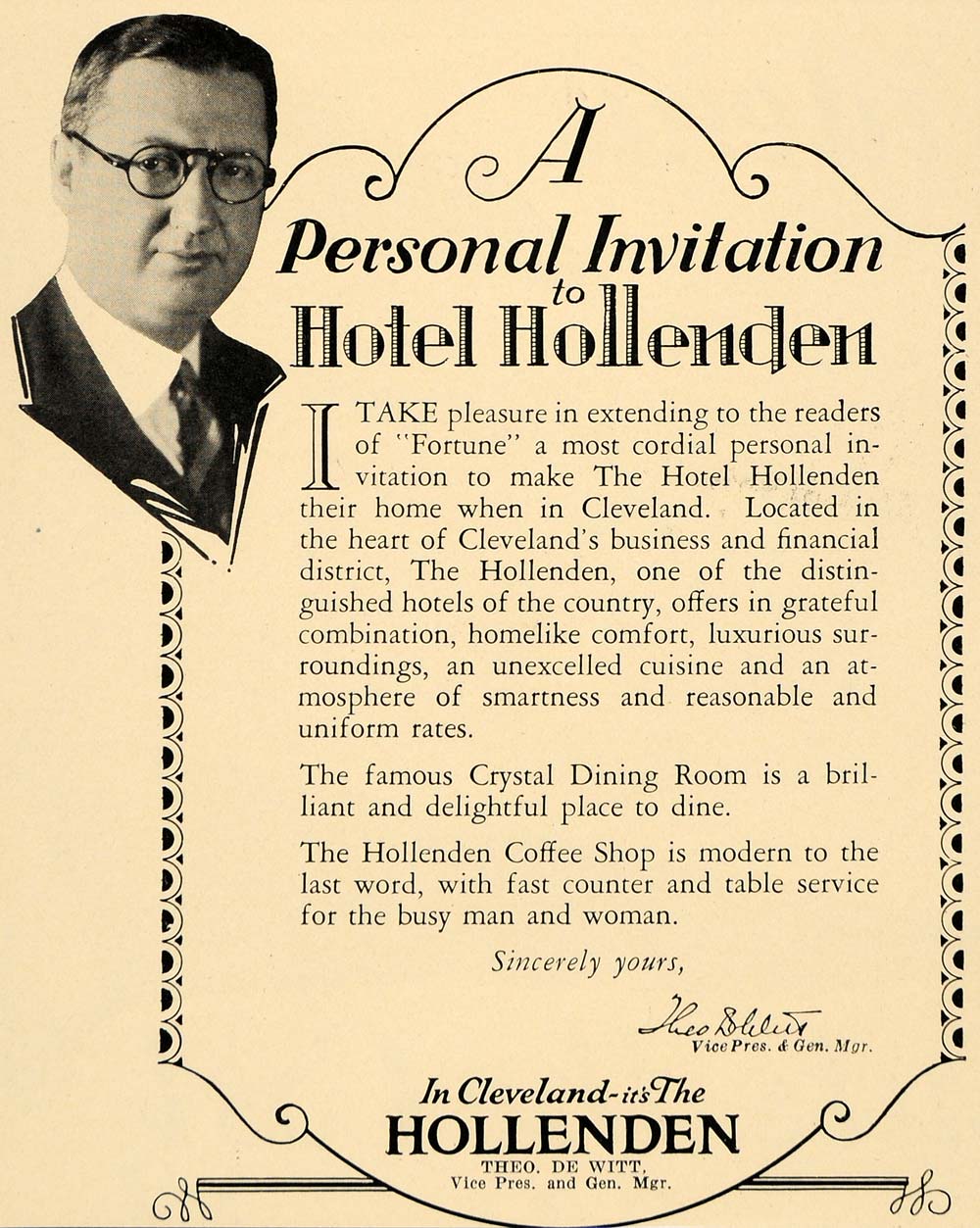 1930 Ad Theo De Witt General Manager Hotel Hollenden Cleveland Ohio Resort F3B