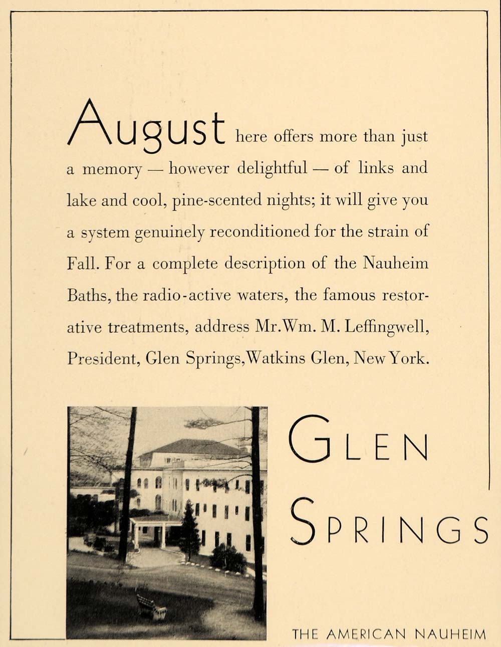 1930 Ad Glen Springs Hotel New York Lodging Nauheim Baths Vacation Watkins F3B