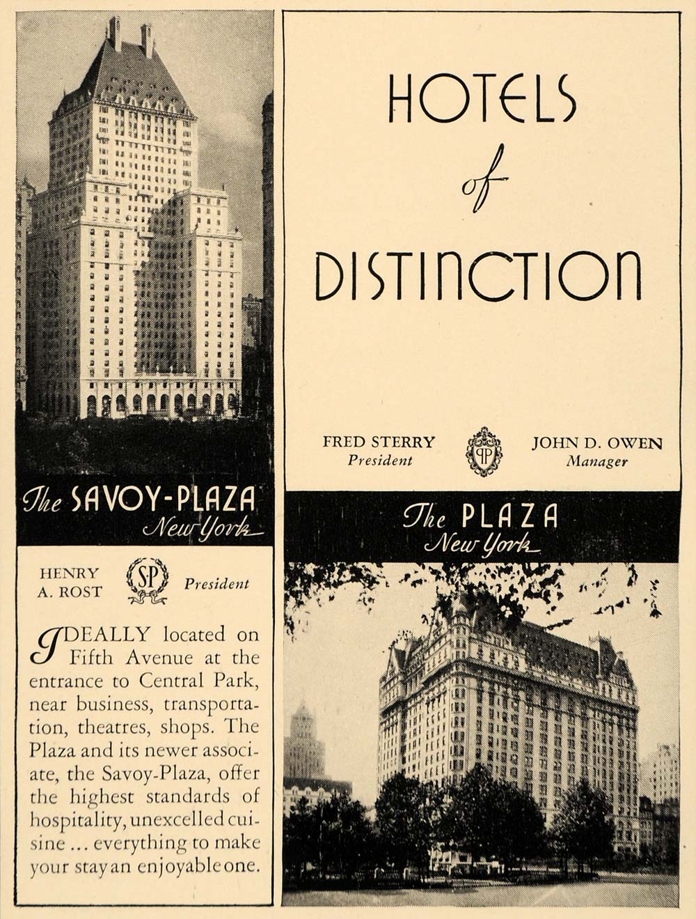 1930 Ad Savoy Plaza Hotel Plaza Luxury Lodging Suites - ORIGINAL ADVERTISING F3B