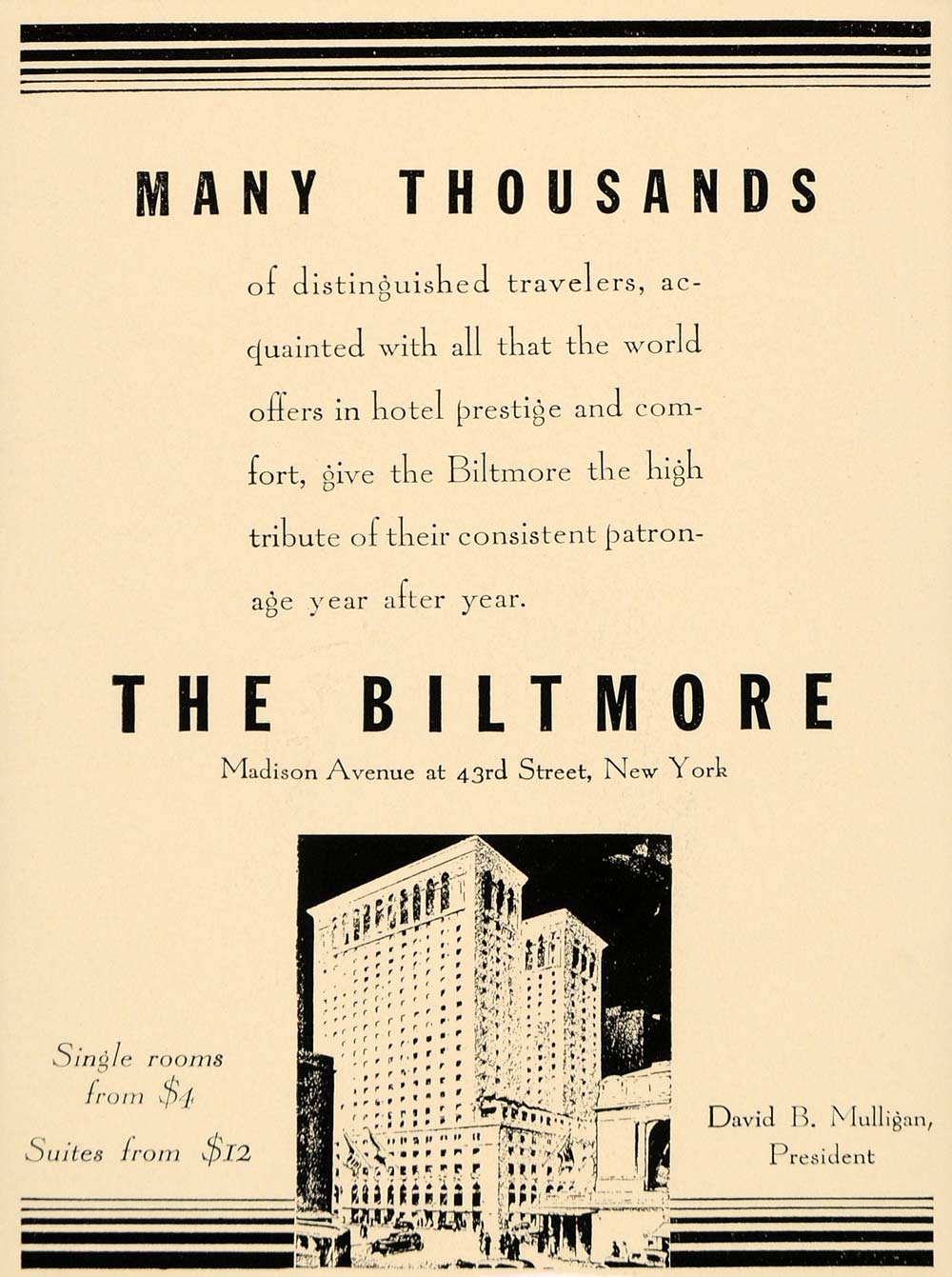 1935 Ad Biltmore Hotel Lodging Vacation Madison Avenue NY David B Mulligan F3B