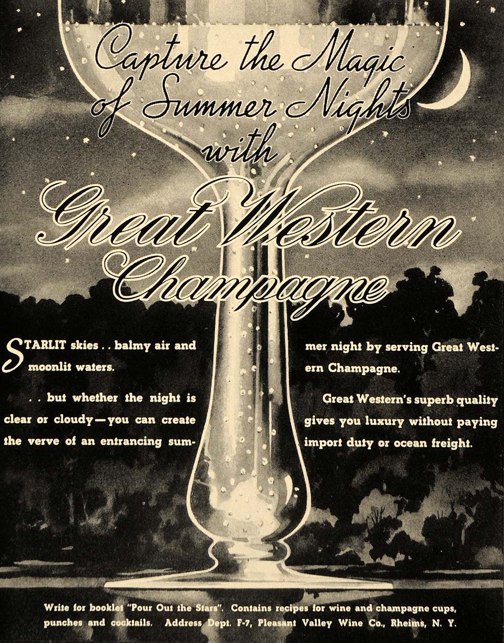 1935 Ad Pleasant Valley Wine Great Western Champagne Glass Drink Moon Night F3B