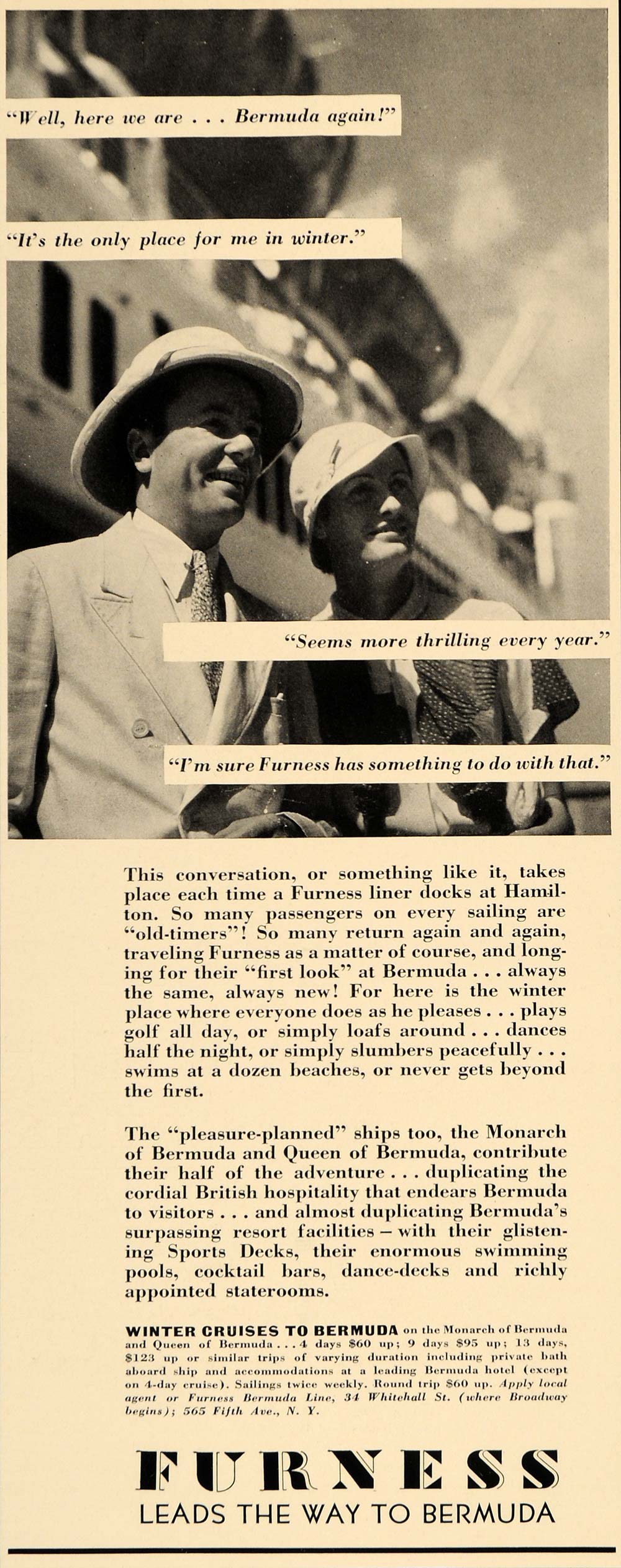 1935 Ad Furness Bermuda Line Cruises Voyage Sailing - ORIGINAL ADVERTISING F3B