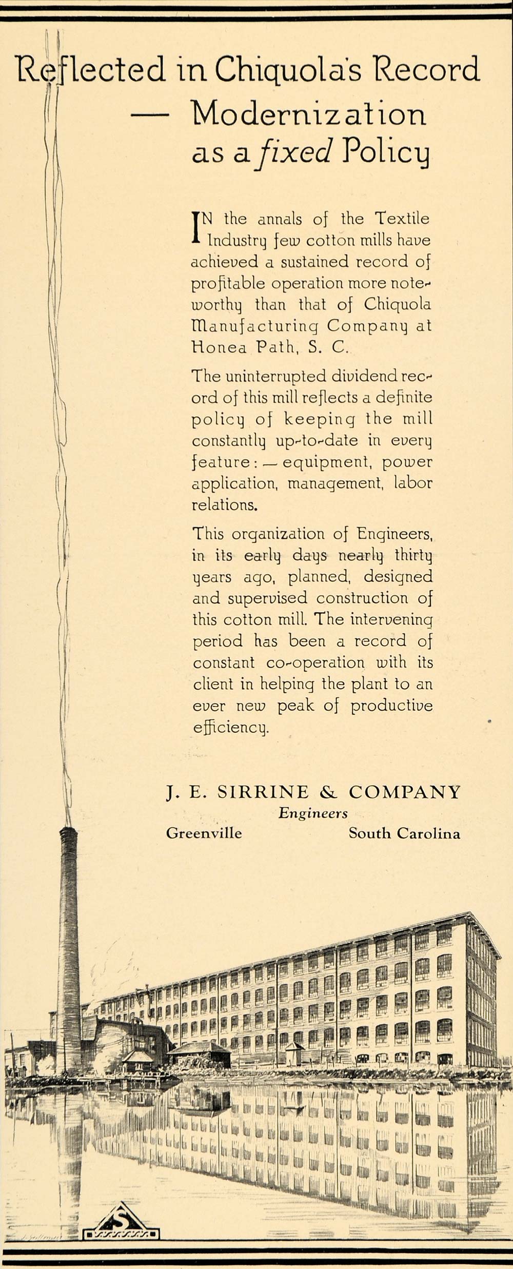 1930 Ad J E Sirrine Engineers Industry Greenville SC - ORIGINAL ADVERTISING F3B