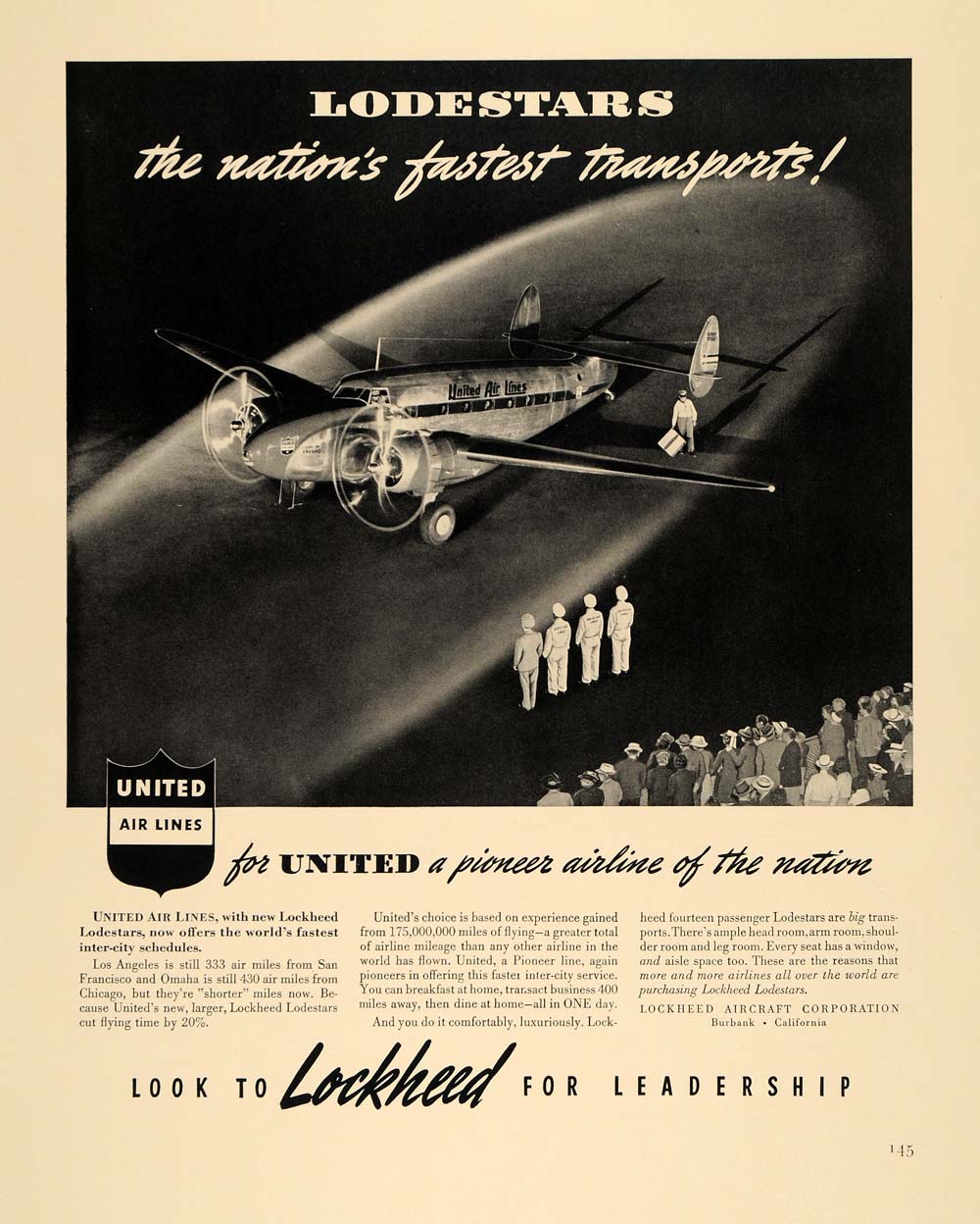 1940 Ad Lockheed Aircraft Pioneer United Air Lines - ORIGINAL ADVERTISING F4A