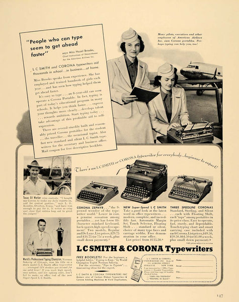 1940 Ad L C Smith Corona Typewriter American Airelines - ORIGINAL