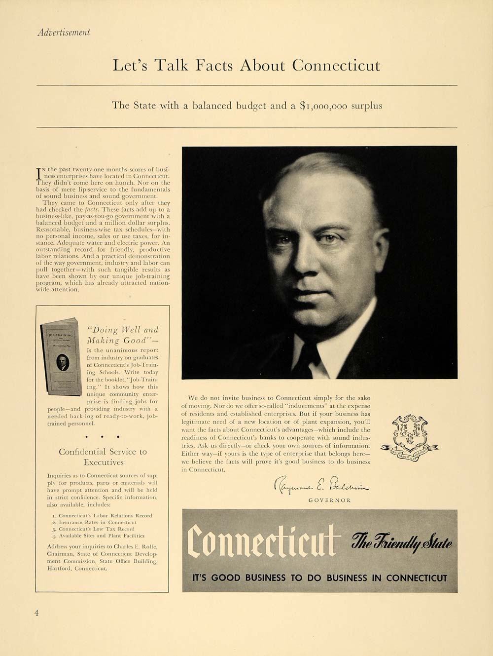 1940 Ad Connecticut State Raymond Baldwin Industry - ORIGINAL ADVERTISING F4A