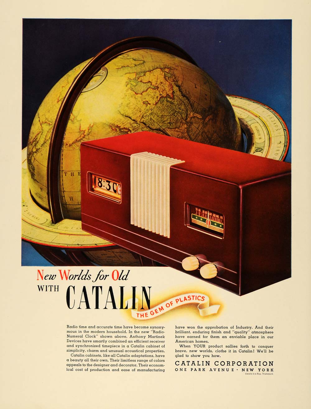 1940 Ad Catalan Plastics Radio Numeral Clock Martinek - ORIGINAL ADVERTISING F4A