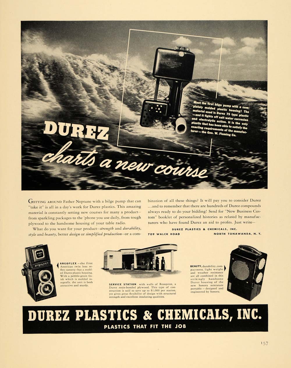 1940 Ad Durez Plastics Chemicals Bilge Pump Tonawanda - ORIGINAL ADVERTISING F4A