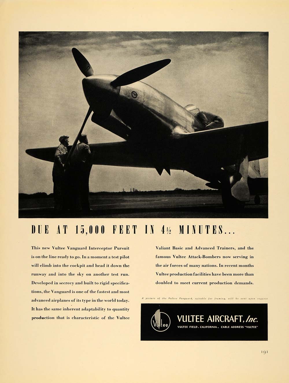 1940 Ad Vultee Vanguard Interceptor Pursuit Aircraft - ORIGINAL ADVERTISING F4A