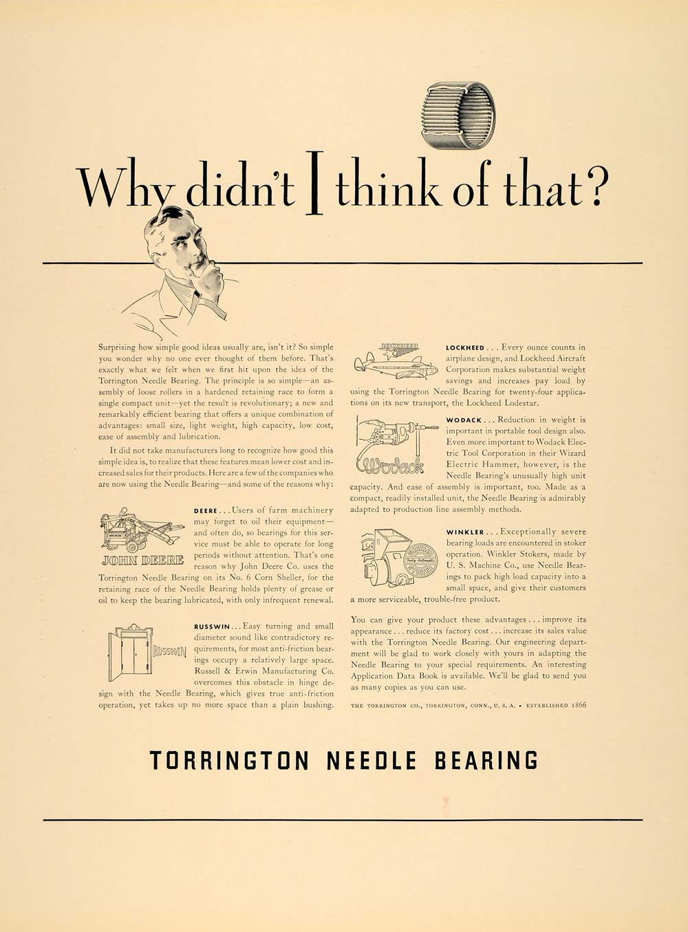 1940 Ad Torrington Needle Bearing John Deere Lockheed - ORIGINAL ADVERTISING F4A