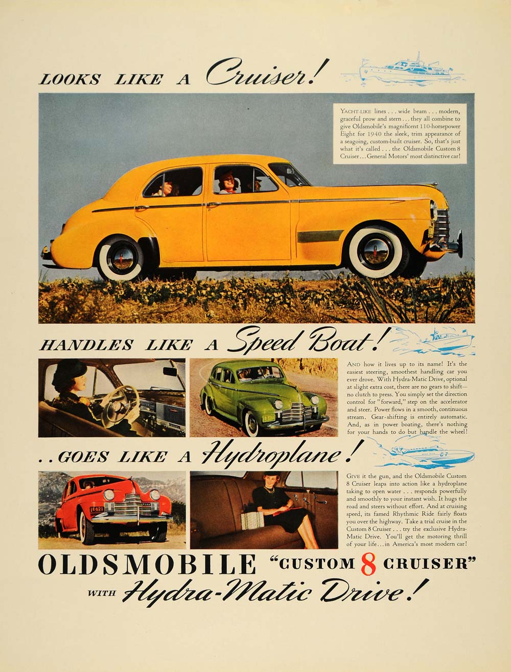 1940 Ad Oldsmobile Custom 8 Cruiser Car Yellow Green - ORIGINAL ADVERTISING F4A