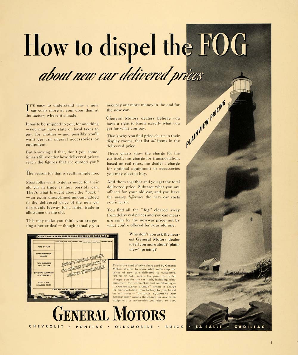 1940 Ad General Motors Foggy Lighthouse Seaside Price - ORIGINAL ADVERTISING F4A