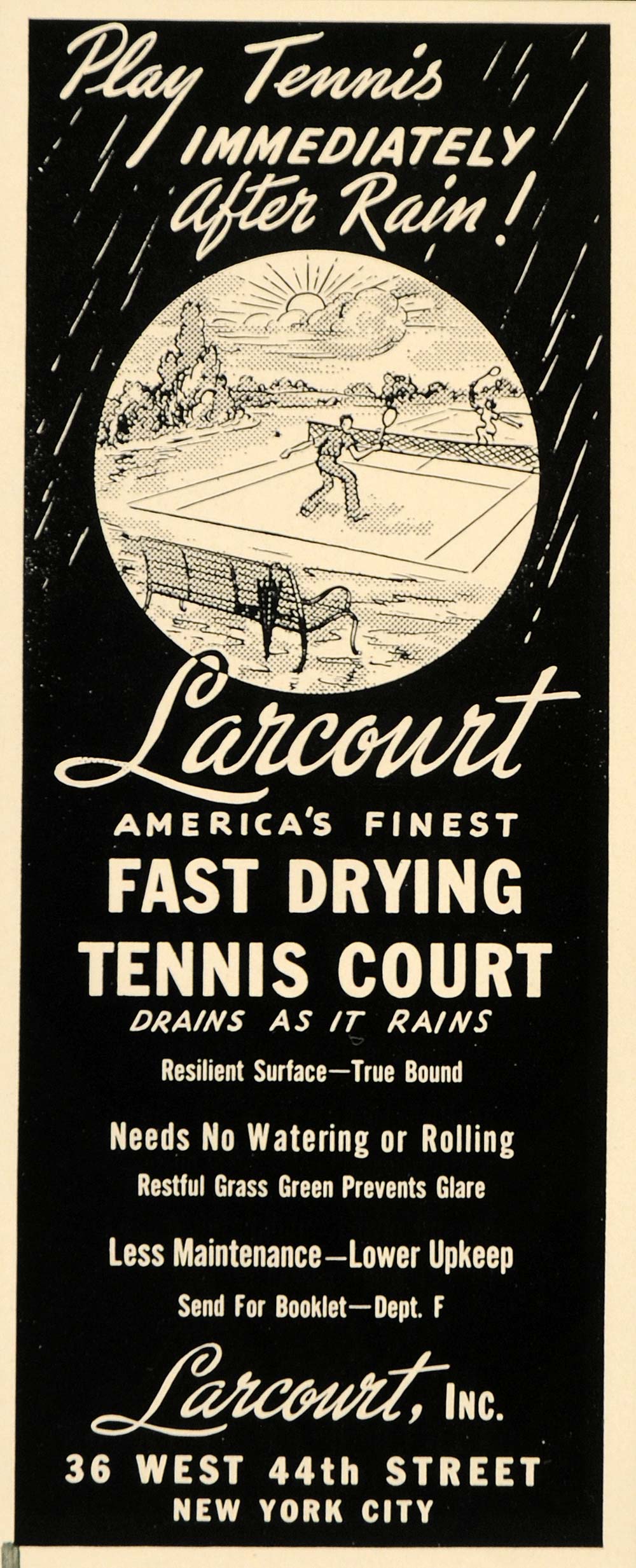 1940 Ad Larcourt Fast Drying Tennis Court Rain Drains - ORIGINAL ADVERTISING F4B
