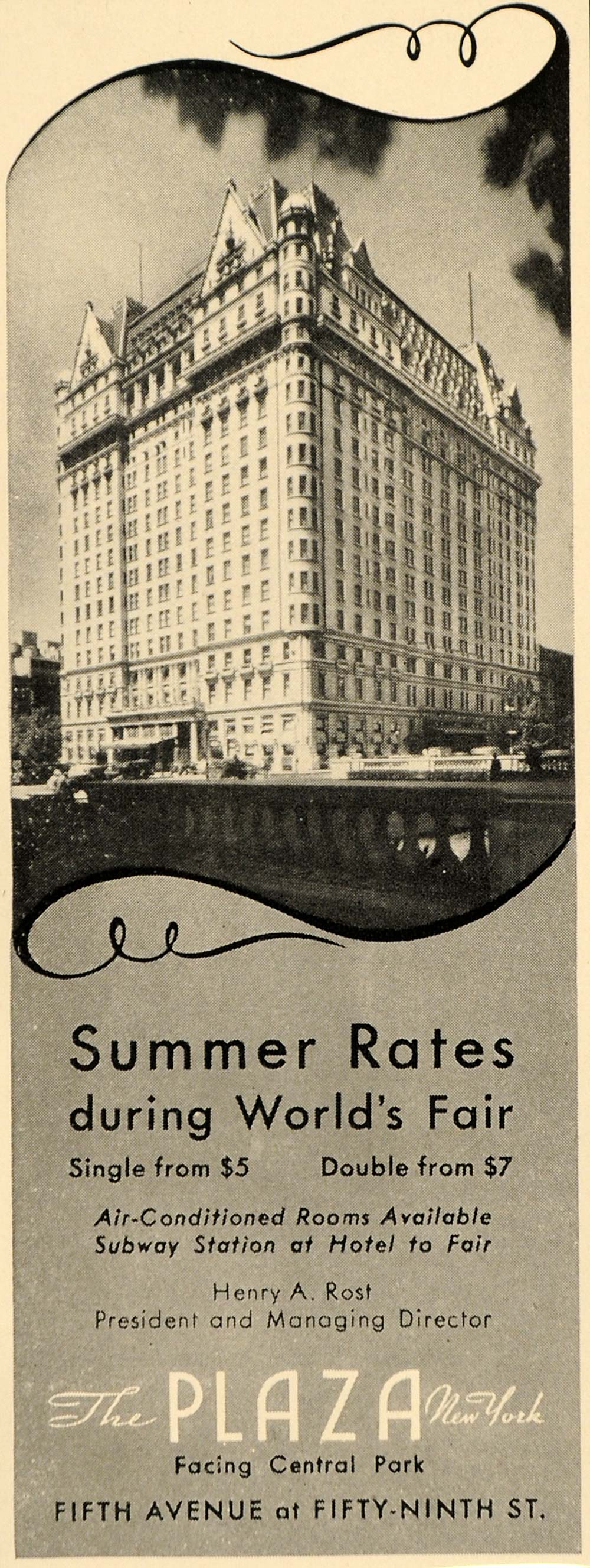 1940 Ad Plaza Hotel New York Rates Henry A. Rost - ORIGINAL ADVERTISING F4B