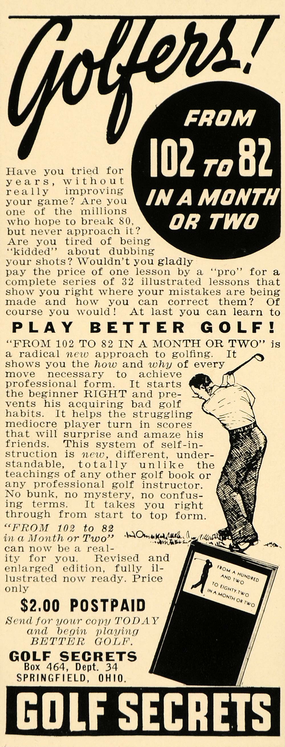 1940 Ad Golf Secrets Book Improve Score Springfield OH - ORIGINAL F4B