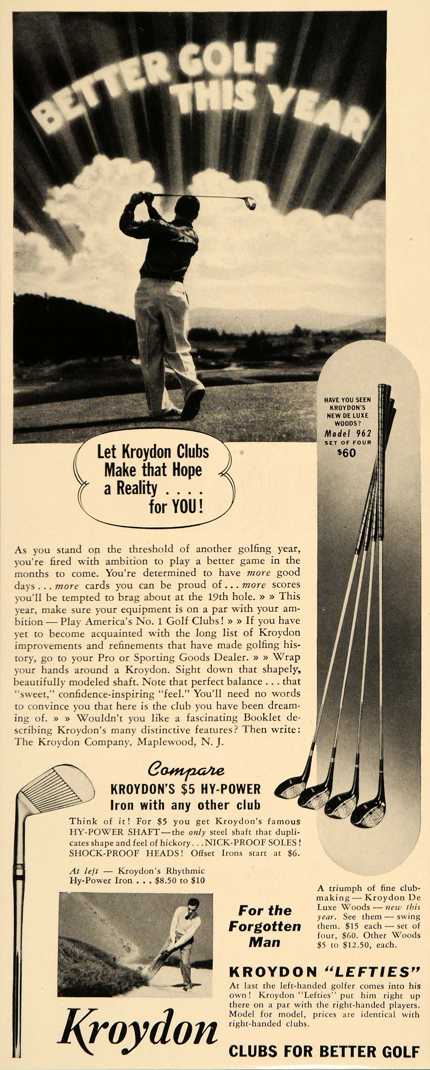 1940 Ad Kroydon Lefties Golf Clubs Hy-Power Iron Swing - ORIGINAL F4B