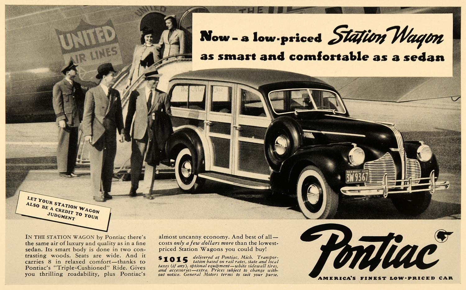 1940 Ad Pontiac Station Wagon United Air Lines Pricing - ORIGINAL F4B