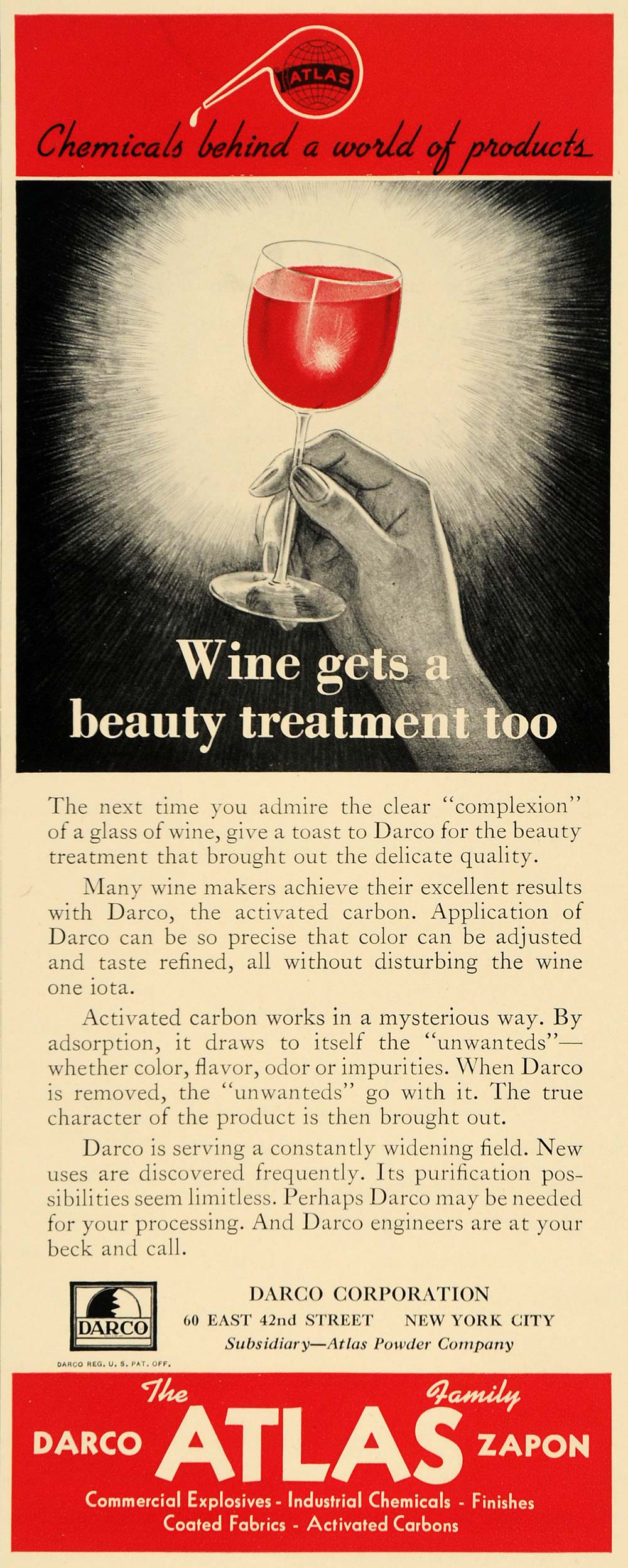 1940 Ad Darco Atlas Zapon Activated Carbon Wine - ORIGINAL ADVERTISING F4B