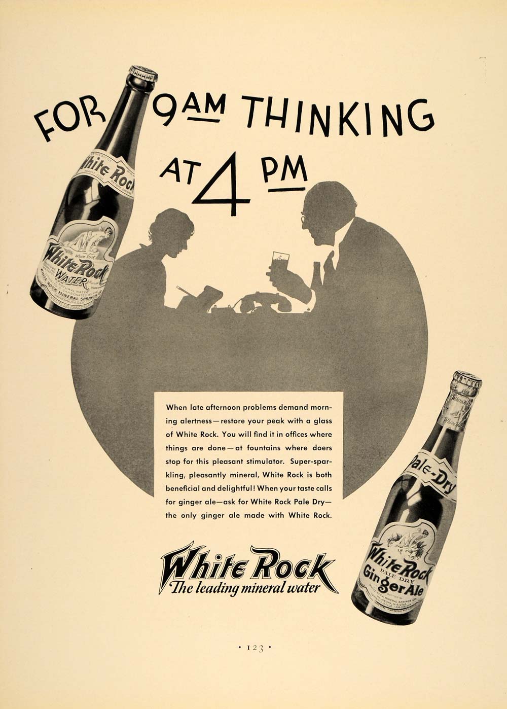 1932 Ad White Rock Mineral Water Drink Office Work Bottle Ginger Ale F5A