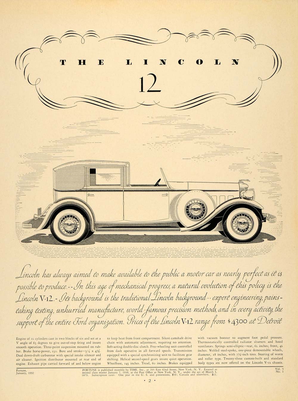 1932 Ad Lincoln 12 Automobile Motor Car Ford Engine - ORIGINAL ADVERTISING F5A
