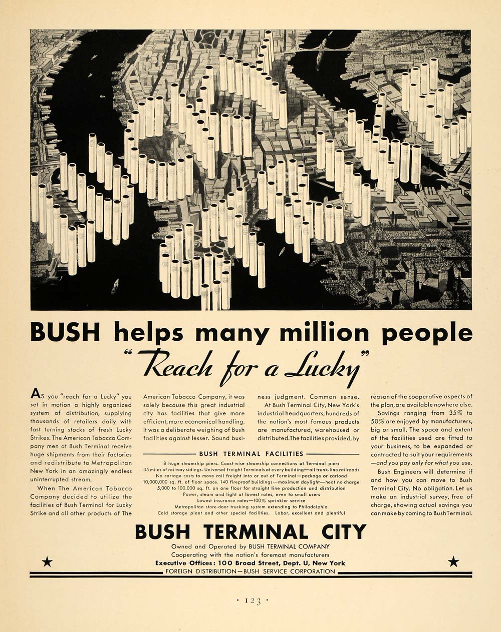 1932 Ad Bush Terminal Lucky Strikes Tobacco Cigarette - ORIGINAL ADVERTISING F5A