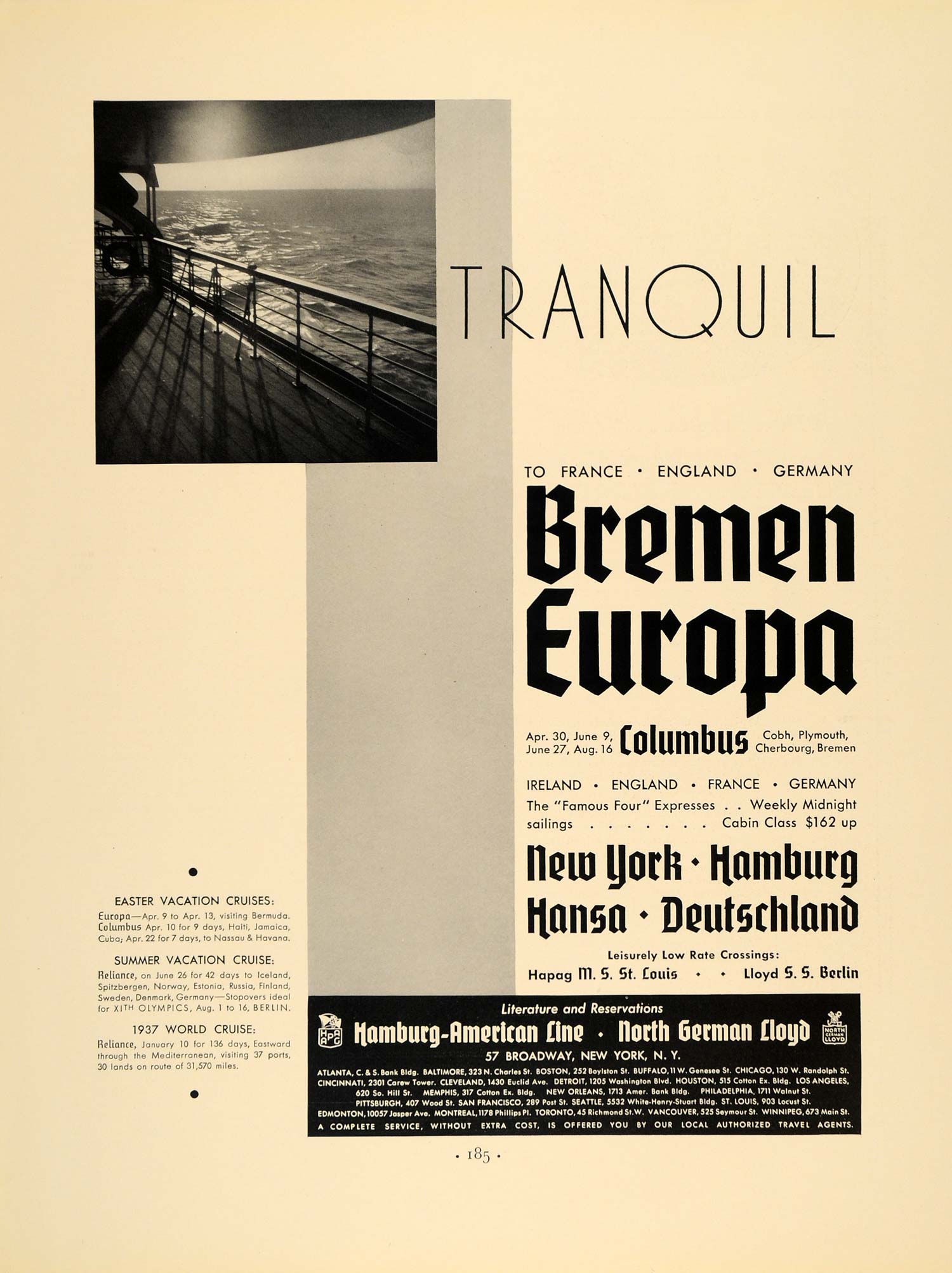 1936 Ad Bremen Europa Hamburg American Line Cruise Ship - ORIGINAL F5A