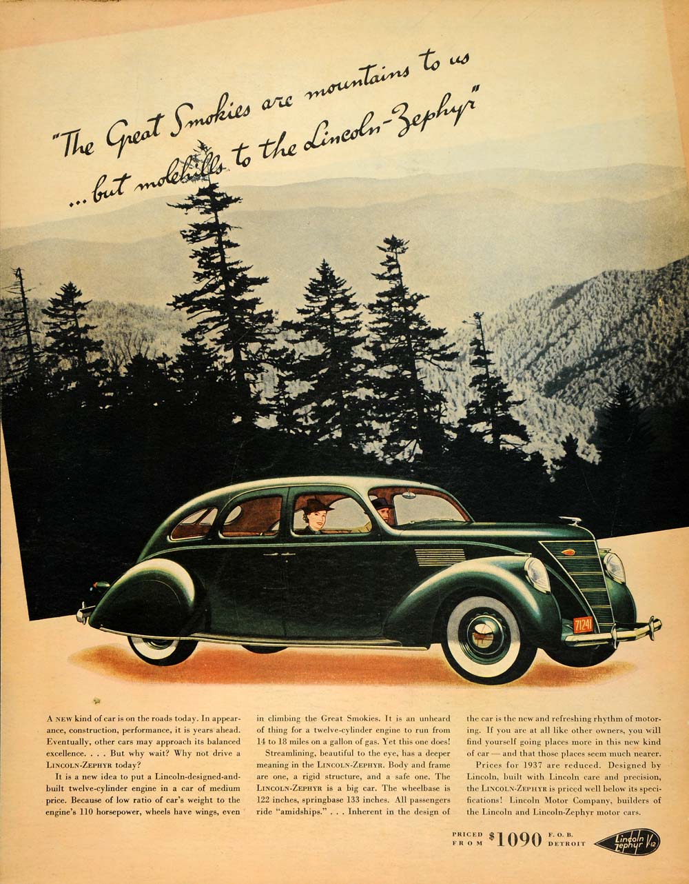 1936 Ad Lincoln Zephyr Great Smokies Automobile Car - ORIGINAL