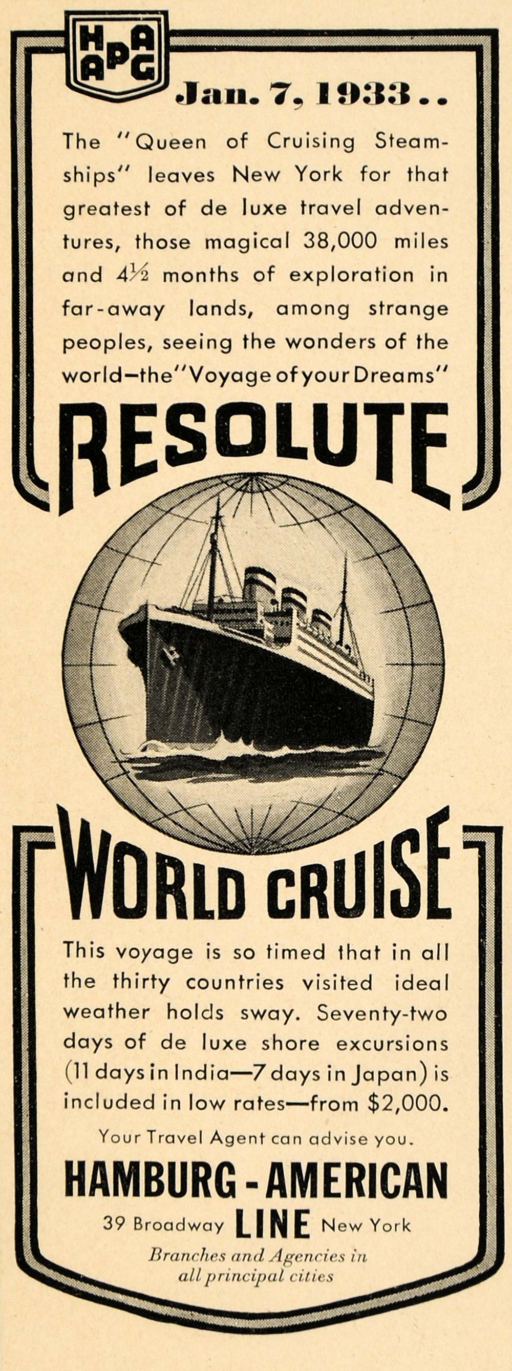 1932 Ad Hamburg-American Line Resolute World Cruise - ORIGINAL ADVERTISING F5B