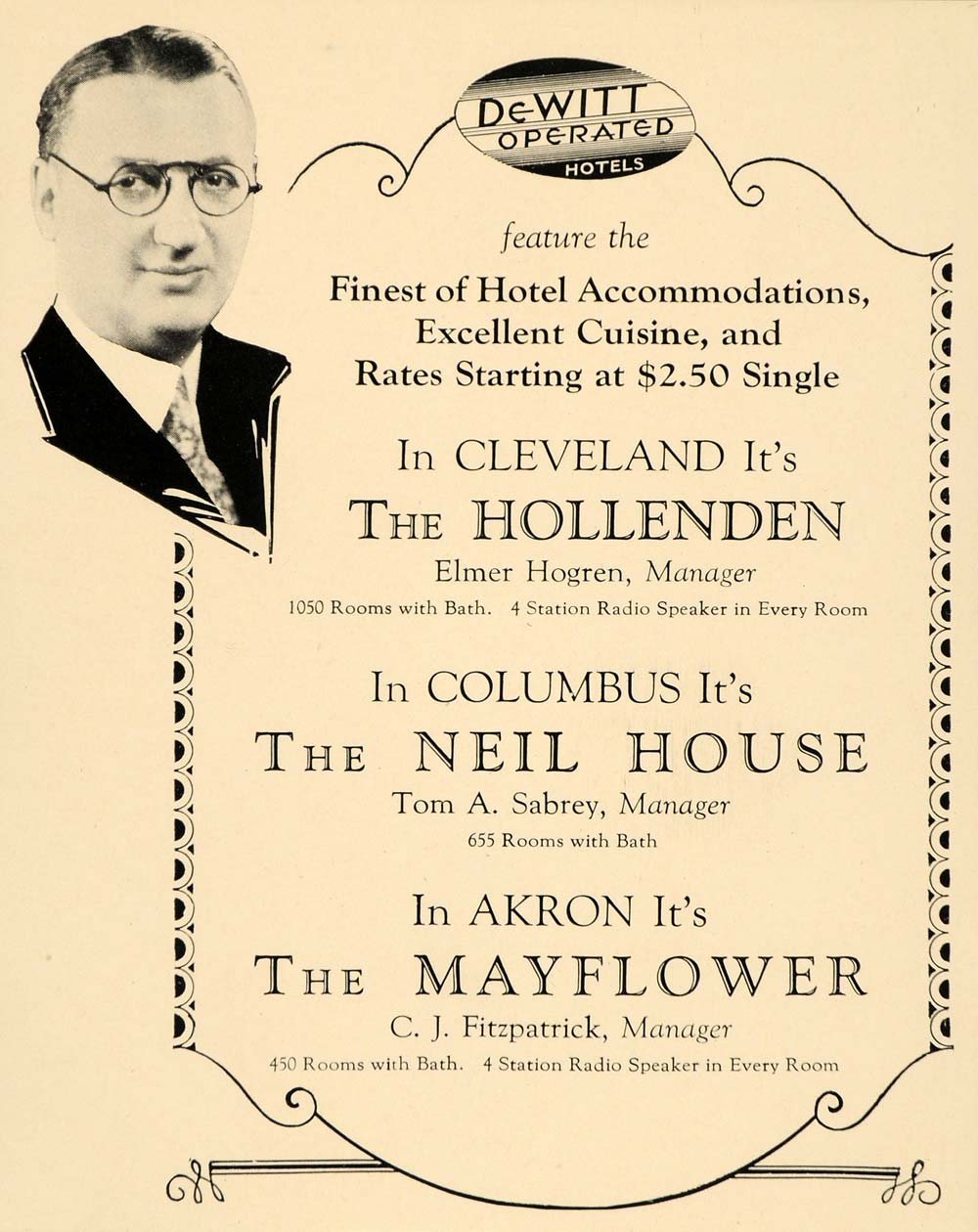 1932 Ad DeWitt Operated Hotels C J Fitzpatrick Neil House Mayflower F5B