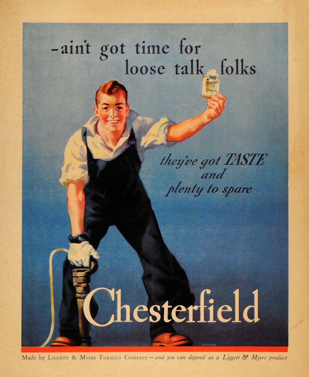 1936 Ad Chesterfield Cigarettes Jackhammer Gardner - ORIGINAL ADVERTISING F6A