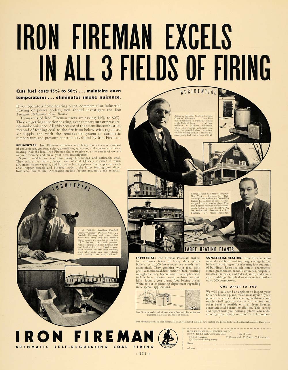 1935 Ad Iron Fireman Coal Firing Fuel Cuts Commercial - ORIGINAL ADVERTISING F6A