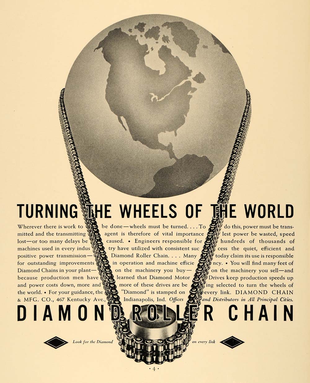 1936 Ad Diamond Roller Chain Manufacturing World Globe - ORIGINAL F6A