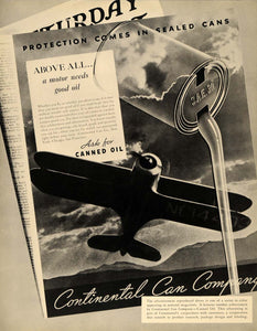 1935 Ad Continental Can Company Sealed Motor Oil Plane - ORIGINAL F6A