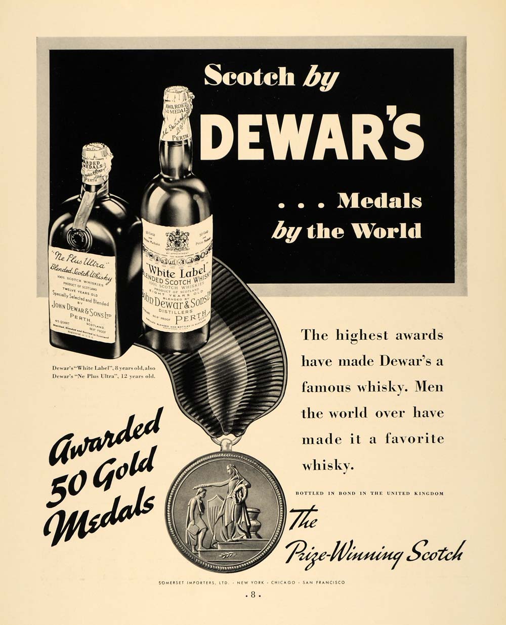 1935 Ad Dewars Gold Medals Prize Winning Scotch Whisky - ORIGINAL F6A