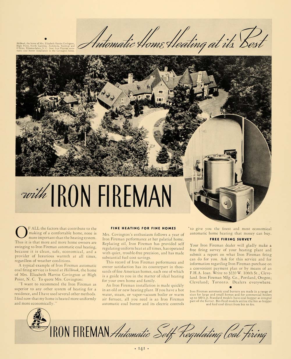 1935 Ad Iron Fireman Heat Hillbrook Harriss Covington - ORIGINAL ADVERTISING F6A